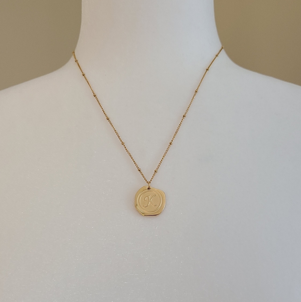 New Savvy Cie 22K Gold Plated Initial K Coin Necklace Monogram Pendant
